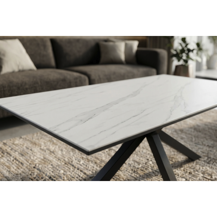 Table basse SOLARA 100cm effet marbre blanc vue de côté