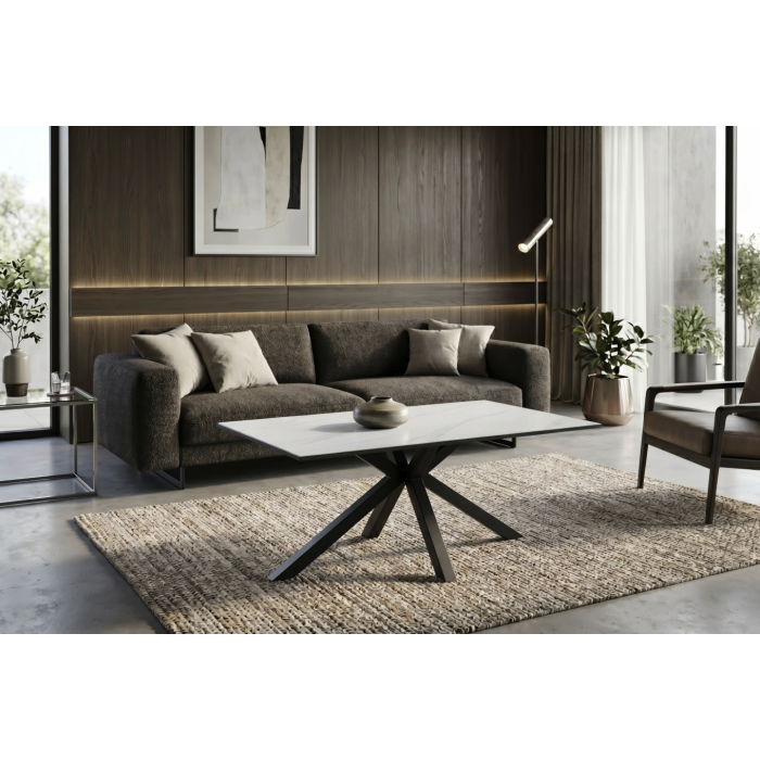 Table basse SOLARA 100cm effet marbre blanc mise en situation