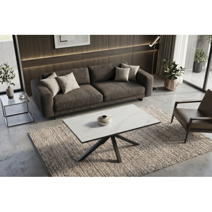 Table basse SOLARA 100cm effet marbre blanc vue de haut éloignée