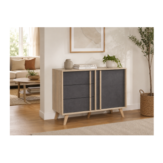 Buffet ENFILADE Sideboard kleines Modell MALMO helles Eichenholz und Betongrau