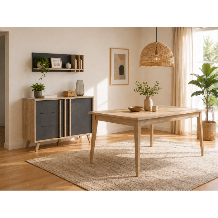 Buffet MALMO gris 111cm vu avec la table et l'étagère de la collection MALMO