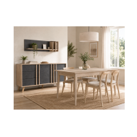 Buffet bas MALMO 165cm gris vu avec la table et l'étagère de la collection
