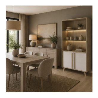 Ensemble de salle à manger MALMO : table 160cm et vitrine vu avec la vitrine allumée