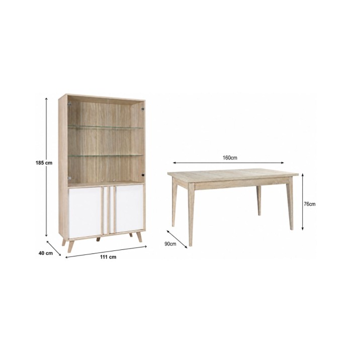 Ensemble de salle à manger MALMO : table 160cm et vitrine dimensions