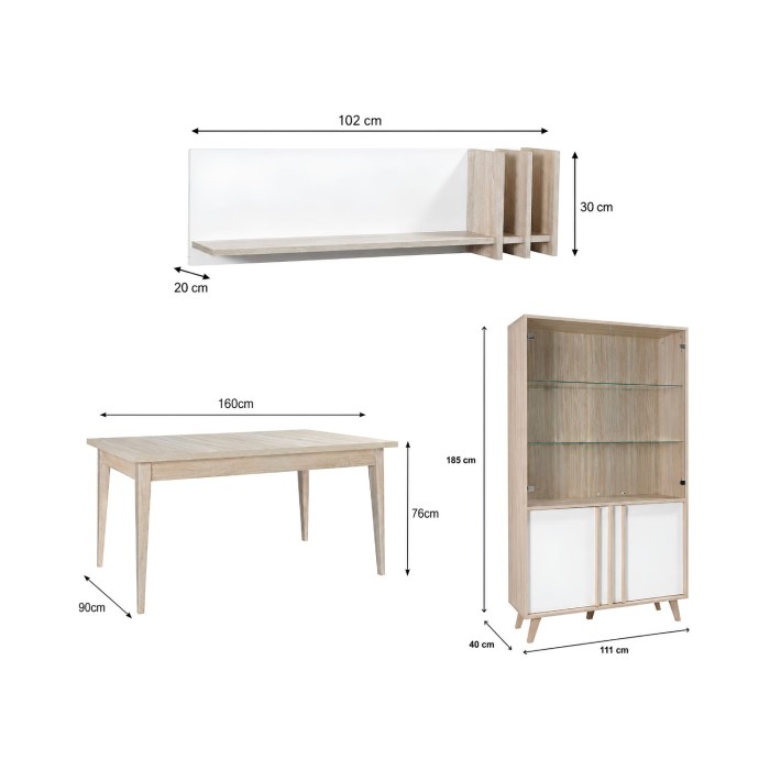 Ensemble MALMO : table, vitrine et étagère murale dimensions