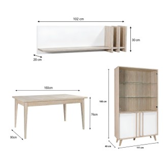 Ensemble MALMO : table, vitrine et étagère murale dimensions