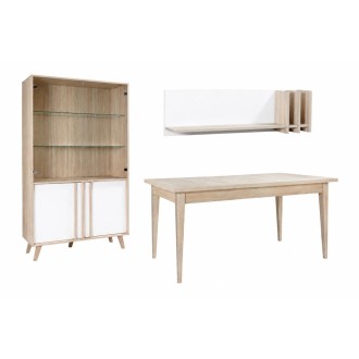 Ensemble MALMO : table extensible, vitrine et étagère murale
