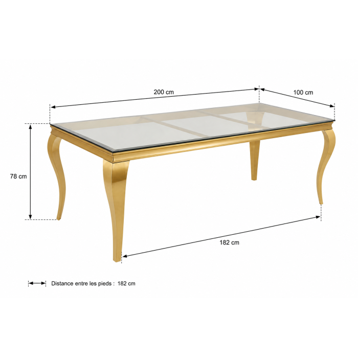 Tavolo da pranzo VELENA – Rettangolare 200 cm – Vetro temperato e acciaio dorato – Stile barocco chic