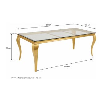 Tavolo da pranzo VELENA – Rettangolare 200 cm – Vetro temperato e acciaio dorato – Stile barocco chic