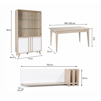 Ensemble MALMO : table extensible, vitrine et étagère murale dimensions