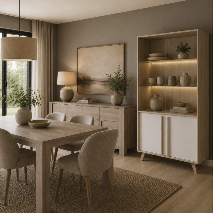 Ensemble MALMO : table extensible et vitrine avec la vitrine allumée