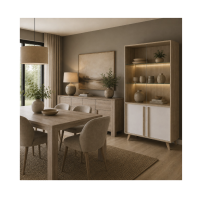 Ensemble MALMO : table extensible et vitrine avec la vitrine allumée