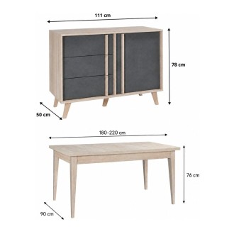 Pack MALMO gris : table extensible et buffet haut dimensions
