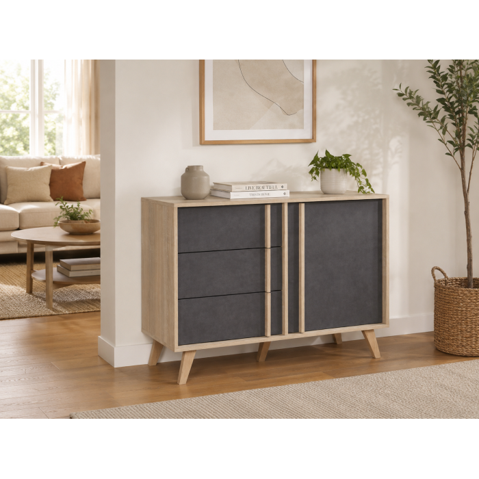Salle à manger complète MALMO avec table extensible, buffet haut et étagère murale – Chêne clair et gris