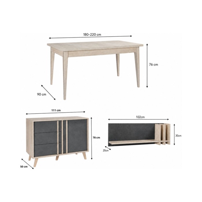 Pack MALMO gris : table extensible, buffet haut et étagère murale dimensions