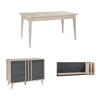 Sala da pranzo completa MALMO con tavolo allungabile, buffet alto e scaffale a muro - Rovere chiaro e grigio
