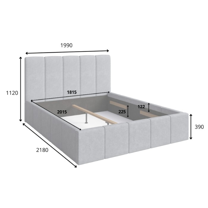 Lit adulte RAVELLO 180x200 cm en tissu gris avec tête de lit capitonnée et sommier inclus