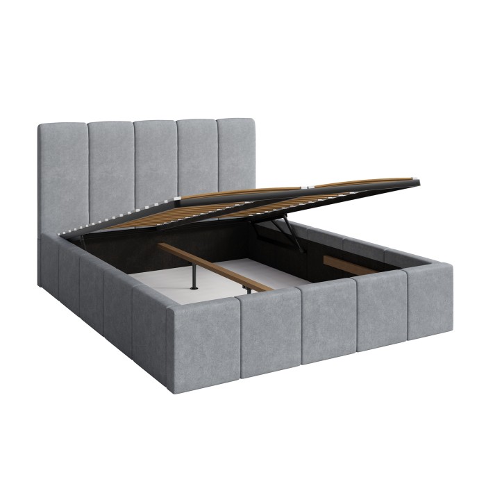 Lit coffre RAVELLO 160x200 cm en tissu gris avec tête de lit capitonnée et sommier inclus