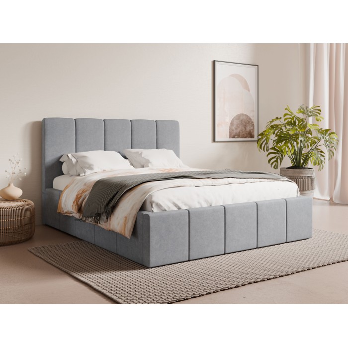 Lit coffre RAVELLO 160x200 cm en tissu gris avec tête de lit capitonnée et sommier inclus