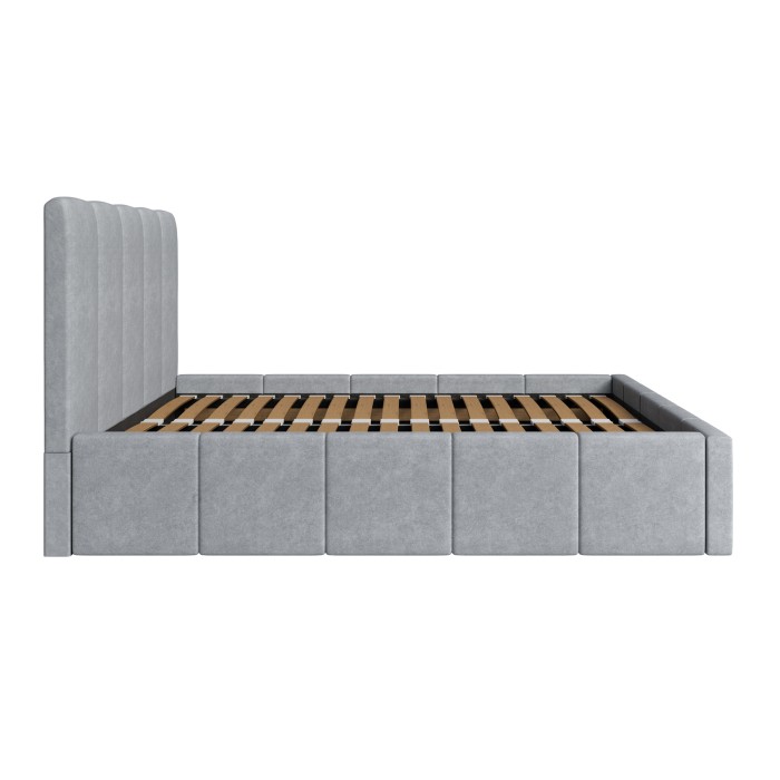 Lit coffre RAVELLO 160x200 cm en tissu gris avec tête de lit capitonnée et sommier inclus