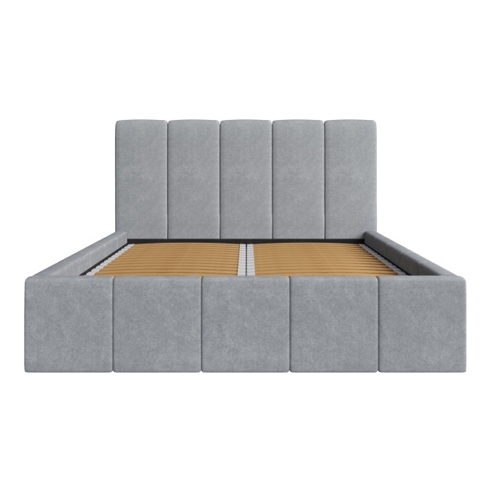 Lit coffre RAVELLO 160x200 cm en tissu gris avec tête de lit capitonnée et sommier inclus