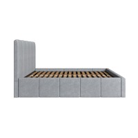 Lit coffre RAVELLO 180x200 cm en tissu gris avec tête de lit capitonnée et sommier inclus