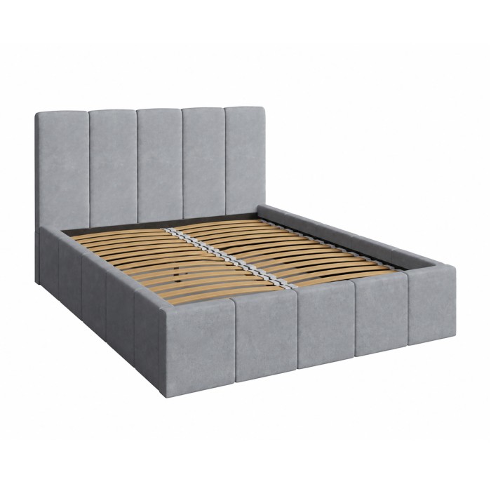 Lit coffre RAVELLO 180x200 cm en tissu gris avec tête de lit capitonnée et sommier inclus
