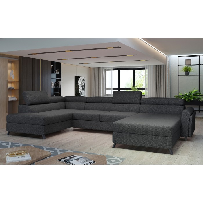 Canapé panoramique Gris foncé 5 places angle gauche couchage 110x300cm CLOTIS 