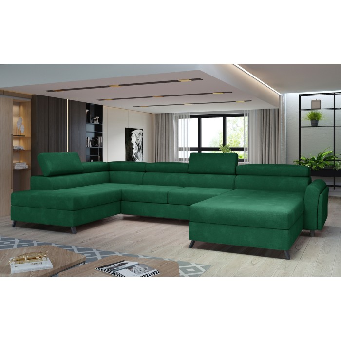 Canapé panoramique Vert émeraude 5 places angle gauche coffre intégré CLOTIS 
