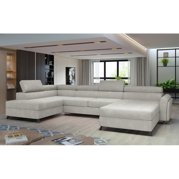 Canapé panoramique Beige 5 places angle gauche mousse T30 et HR CLOTIS 