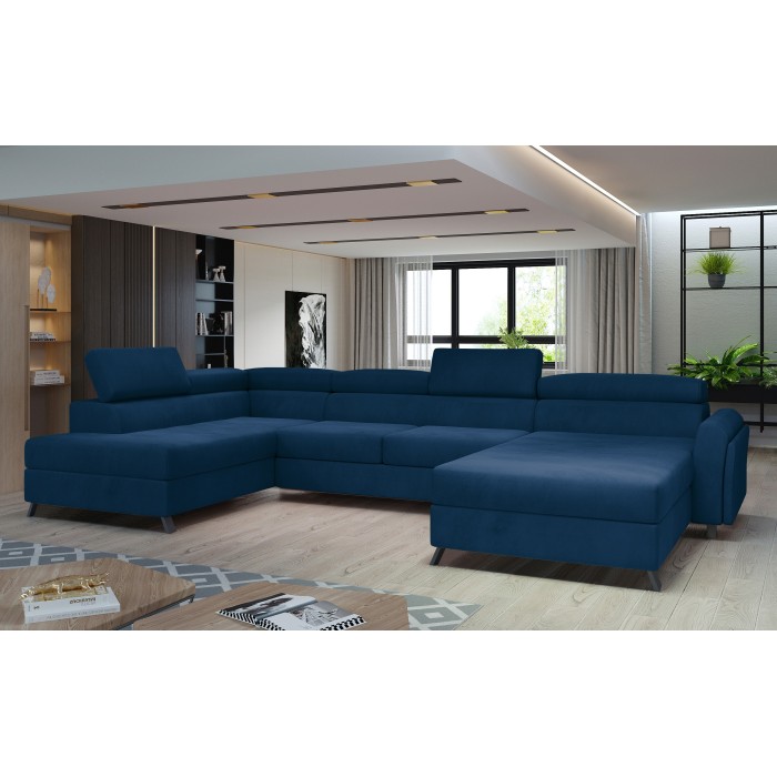 Canapé panoramique Bleu foncé 5 places angle gauche pieds métal 9cm CLOTIS 