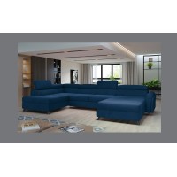 Canapé panoramique Bleu foncé 5 places angle gauche pieds métal 9cm CLOTIS 