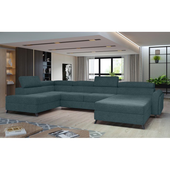 Canapé panoramique Bleu gris 5 places angle gauche convertible avec coffre CLOTIS 