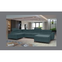 Canapé panoramique Bleu gris 5 places angle gauche convertible avec coffre CLOTIS 