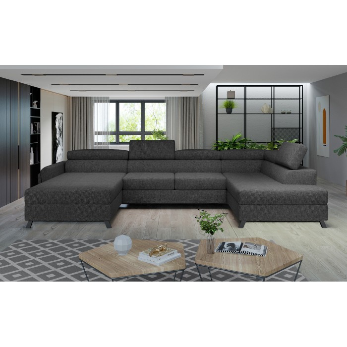 Canapé panoramique Gris foncé 5 places angle droit couchage grande largeur CLOTIS 