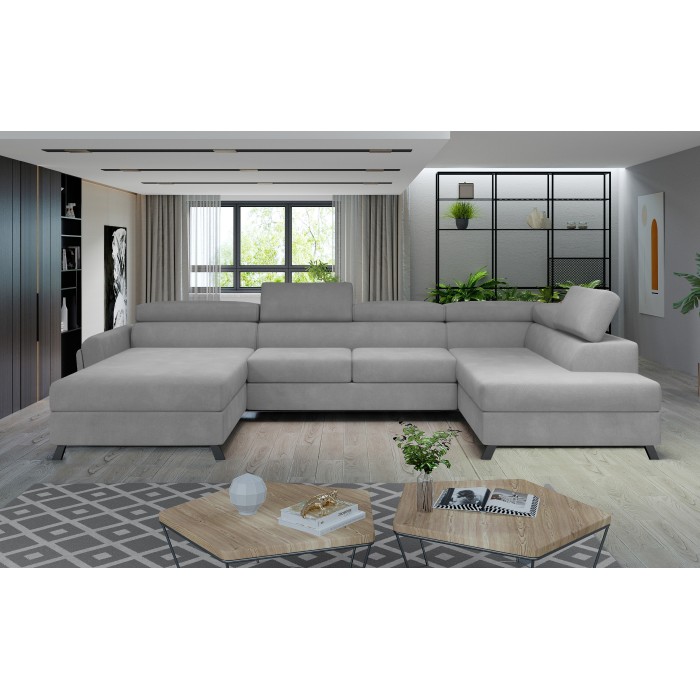 Canapé panoramique Gris clair 5 places angle droit rangement literie CLOTIS 