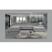 Canapé panoramique Gris clair 5 places angle droit rangement literie CLOTIS 