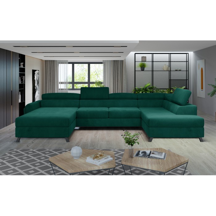 Canapé panoramique Vert foncé 5 places angle droit repos quotidien CLOTIS 