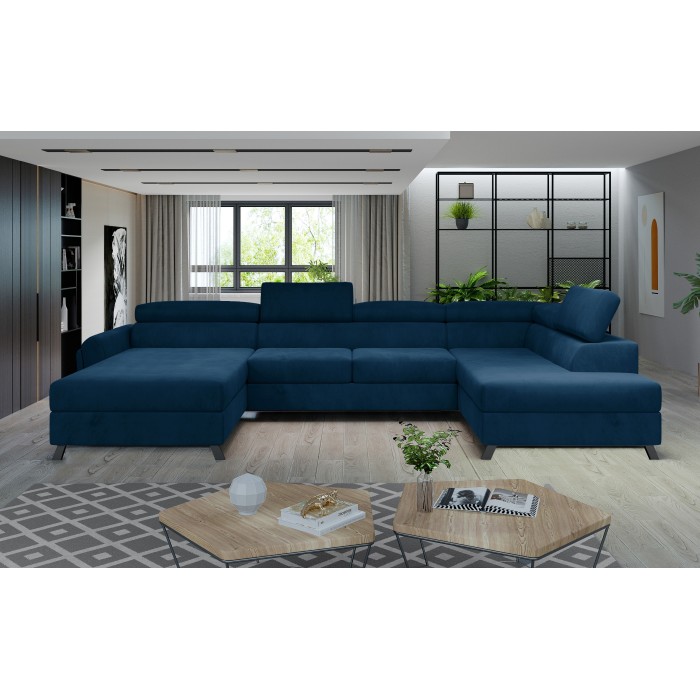 Canapé panoramique Bleu foncé 5 places angle droit design moderne CLOTIS 