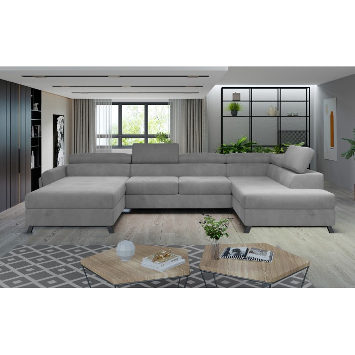 Canapé panoramique Gris clair 5 places angle droit lit d’appoint CLOTIS 