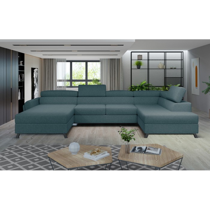 Canapé panoramique Bleu gris 5 places angle droit revêtement polyester CLOTIS 