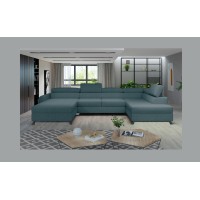 Canapé panoramique Bleu gris 5 places angle droit revêtement polyester CLOTIS 