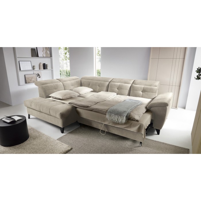 Canapé d'angle Beige 5 places angle gauche coffre intégré INFERNO 