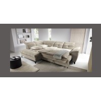 Canapé d'angle Beige 5 places angle gauche coffre intégré INFERNO 