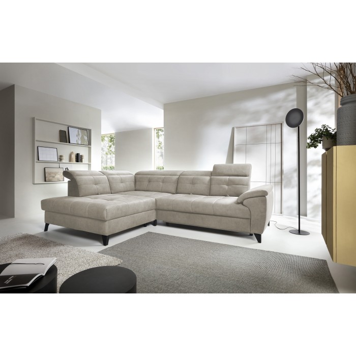 Canapé d'angle Beige 5 places angle gauche coffre intégré INFERNO 