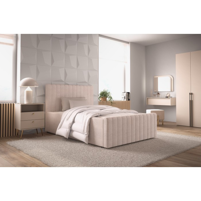 Lit simple ELORIA 120x200 en tissu bouclé beige avec tête de lit capitonnée