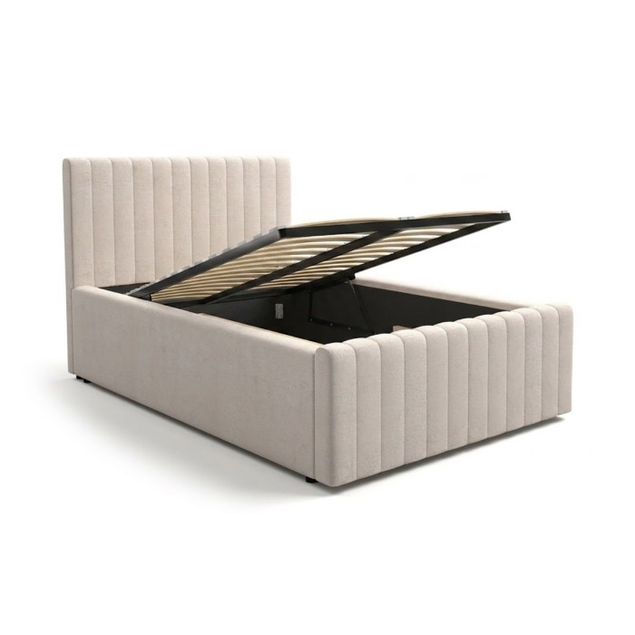 Lit coffre ELORIA 120x200 en tissu bouclé beige avec tête de lit capitonnée et sommier inclus