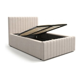 Lit coffre ELORIA 120x200 en tissu bouclé beige avec tête de lit capitonnée et sommier inclus