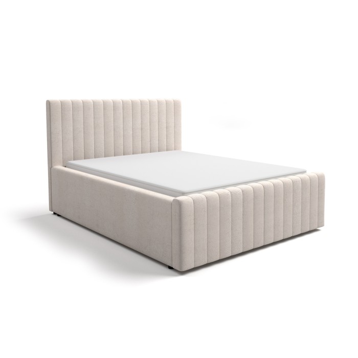 Lit double ELORIA 140x200 en tissu bouclé beige avec tête de lit capitonnée