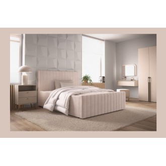 Tweepersoonsbed ELORIA 140x200 in beige bouclé stof met gecapitonneerd hoofdeinde en inclusief lattenbodem